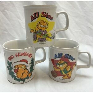 Set Of 3 VTG Garfield Mugs All Star Hockey Basketball Bah Humbug Christmas